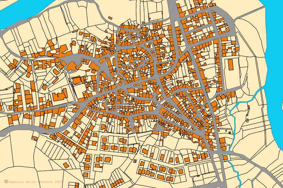 Cadastral map of the centre of Fordongianus: parcels and buildings, Agenzia delle Entrate cartography