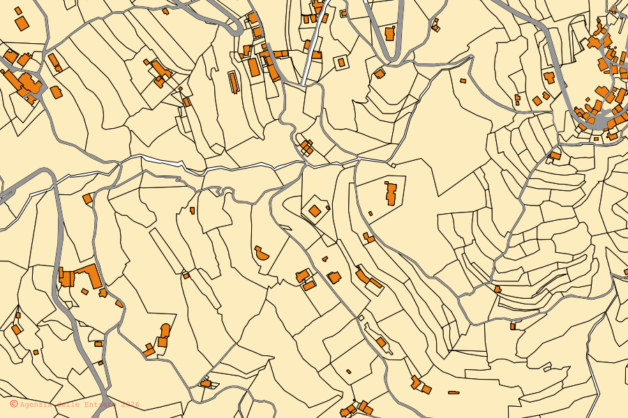 Cadastral map of the centre of Fosciandora: parcels and buildings, Agenzia delle Entrate cartography