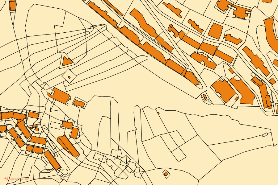 Cadastral map of the centre of Frabosa Sottana: parcels and buildings, Agenzia delle Entrate cartography