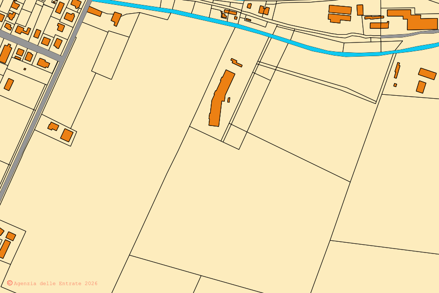 Cadastral map of the centre of Frassinelle Polesine: parcels and buildings, Agenzia delle Entrate cartography