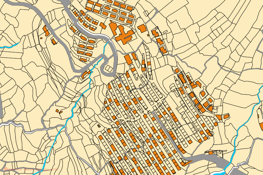 Cadastral map of the centre of Gairo: parcels and buildings, Agenzia delle Entrate cartography