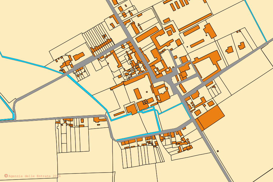 Cadastral map of the centre of Galliavola: parcels and buildings, Agenzia delle Entrate cartography