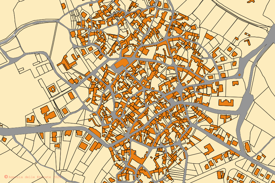 Cadastral map of the centre of Genoni: parcels and buildings, Agenzia delle Entrate cartography
