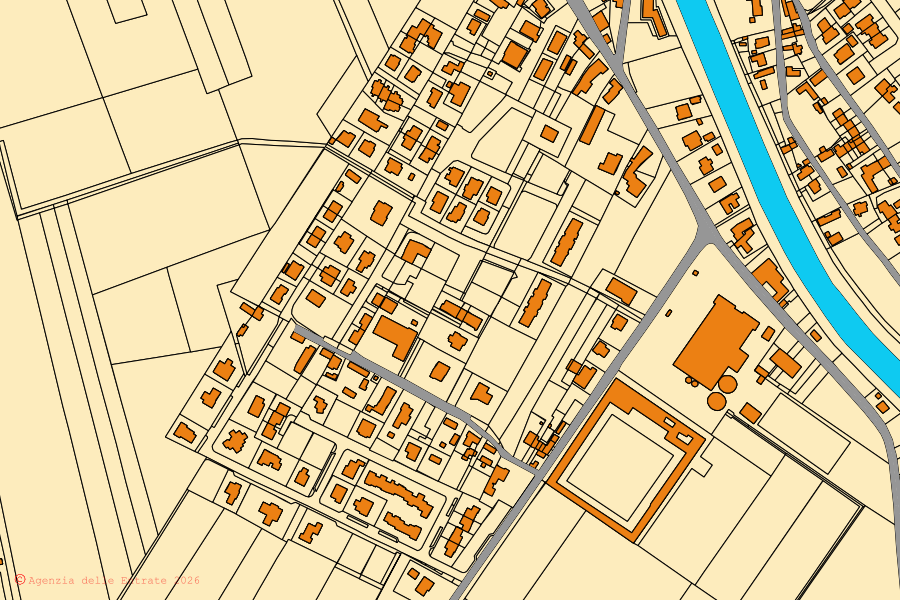 Cadastral map of the centre of Giacciano con Baruchella: parcels and buildings, Agenzia delle Entrate cartography