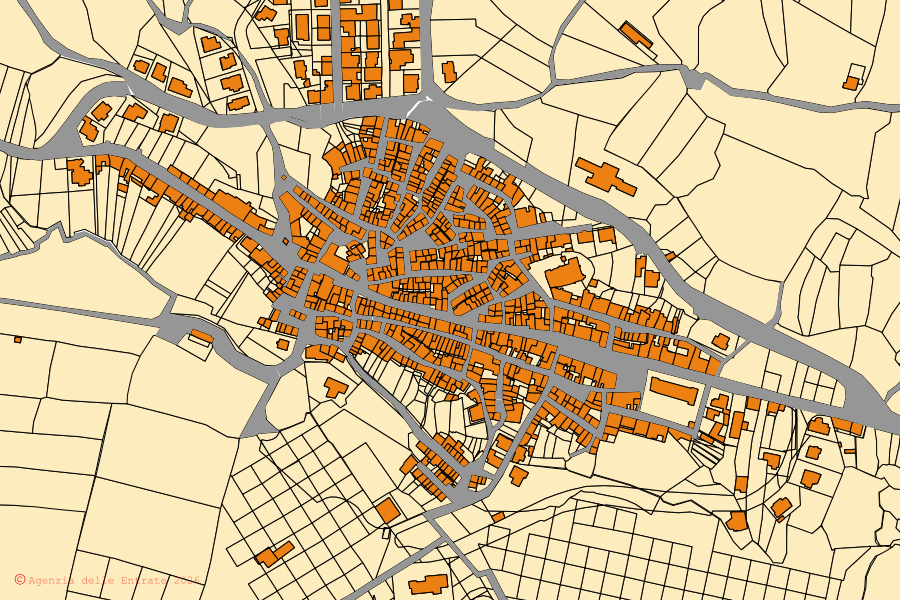 Cadastral map of the centre of Giave: parcels and buildings, Agenzia delle Entrate cartography