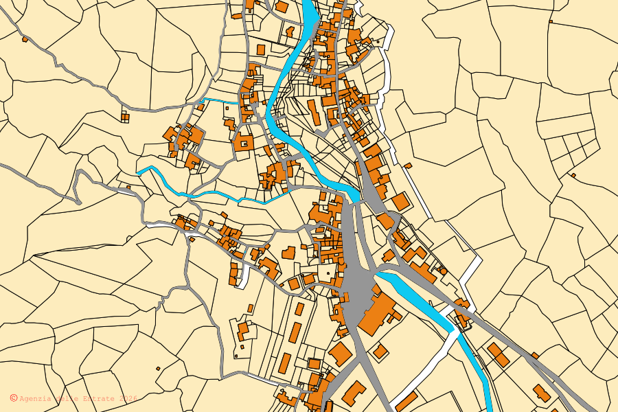Cadastral map of the centre of Giffoni Sei Casali: parcels and buildings, Agenzia delle Entrate cartography