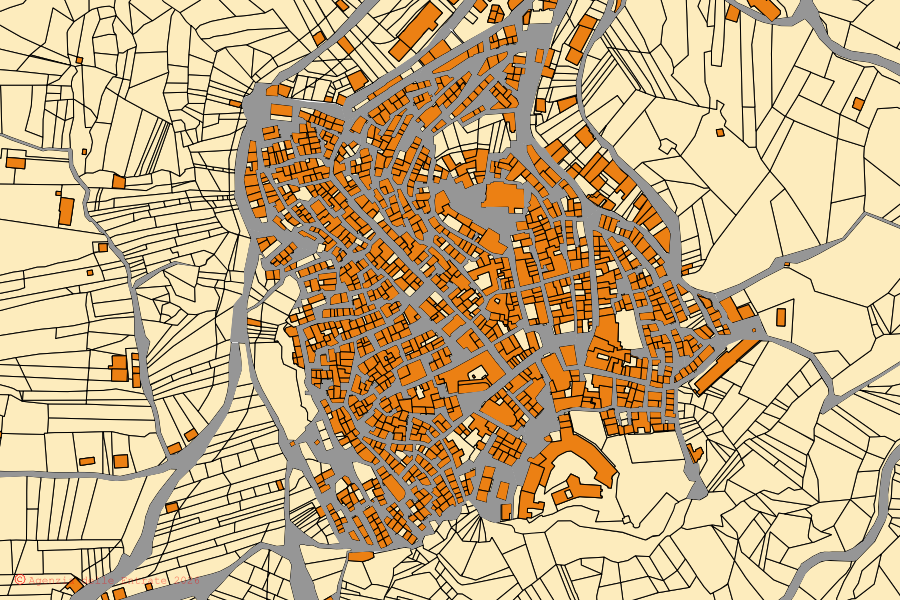 Cadastral map of the centre of Giuliana: parcels and buildings, Agenzia delle Entrate cartography