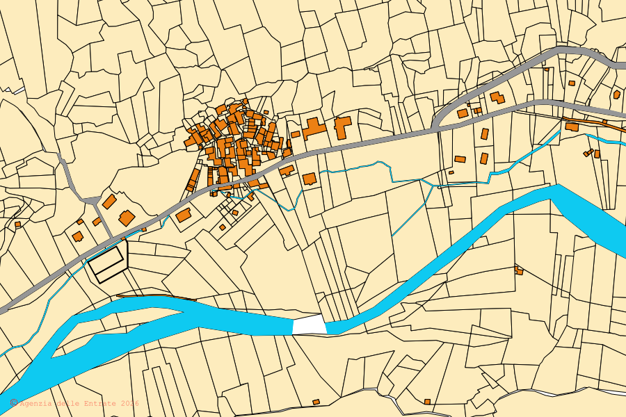 Cadastral map of the centre of Groscavallo: parcels and buildings, Agenzia delle Entrate cartography