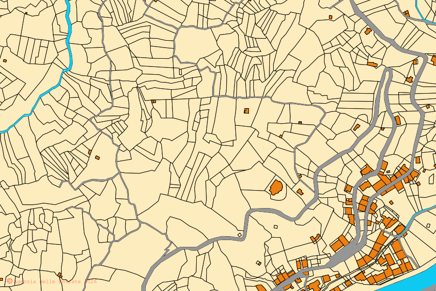 Cadastral map of the centre of Gualtieri Sicaminò: parcels and buildings, Agenzia delle Entrate cartography