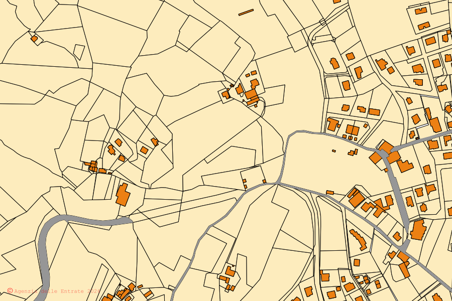Cadastral map of the centre of Guiglia: parcels and buildings, Agenzia delle Entrate cartography