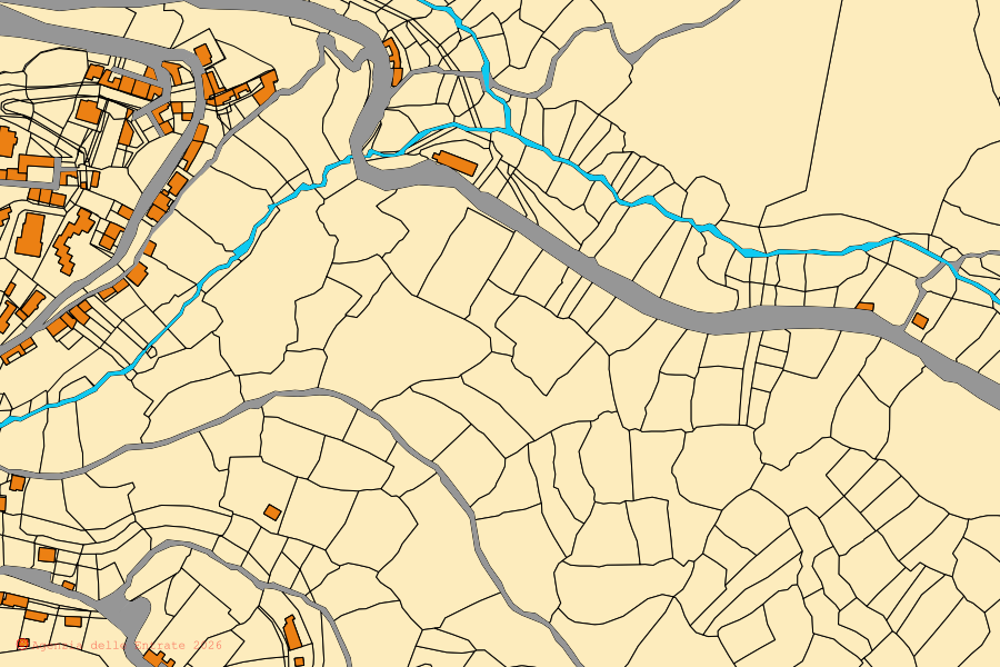 Cadastral map of the centre of Illorai: parcels and buildings, Agenzia delle Entrate cartography