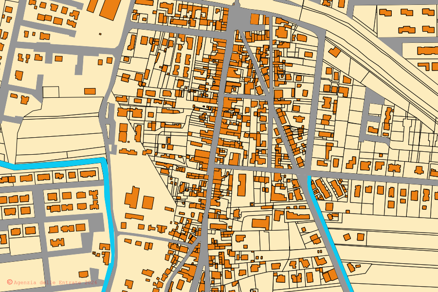 Cadastral map of the centre of Lagosanto: parcels and buildings, Agenzia delle Entrate cartography