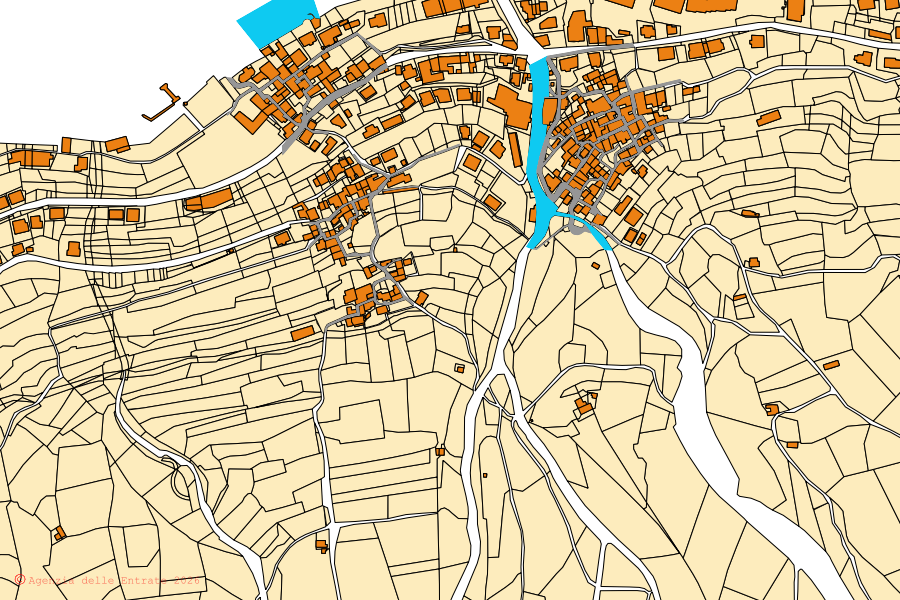 Cadastral map of the centre of Lezzeno: parcels and buildings, Agenzia delle Entrate cartography