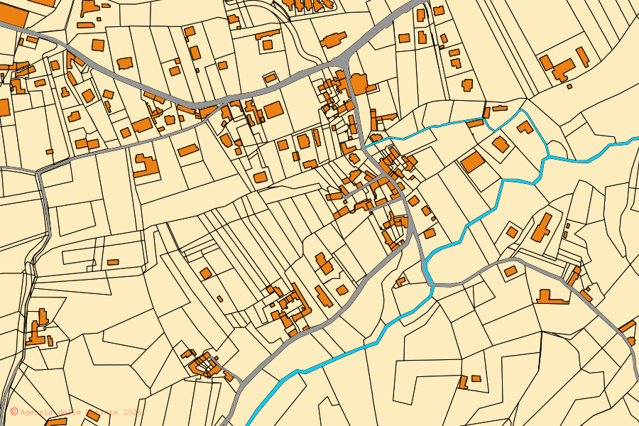 Cadastral map of the centre of Lusernetta: parcels and buildings, Agenzia delle Entrate cartography