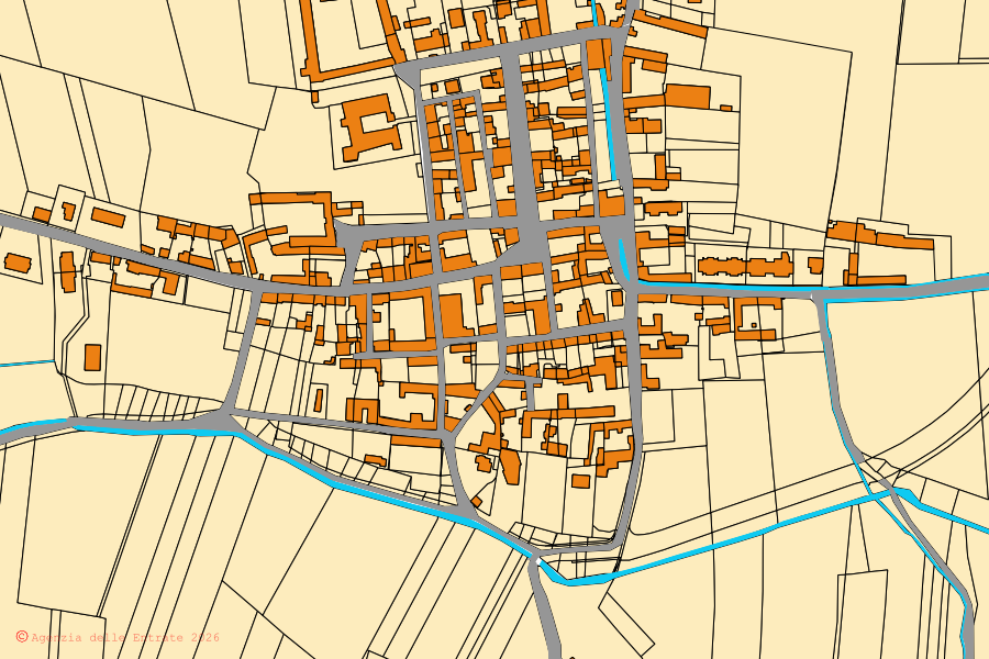 Cadastral map of the centre of Macello: parcels and buildings, Agenzia delle Entrate cartography