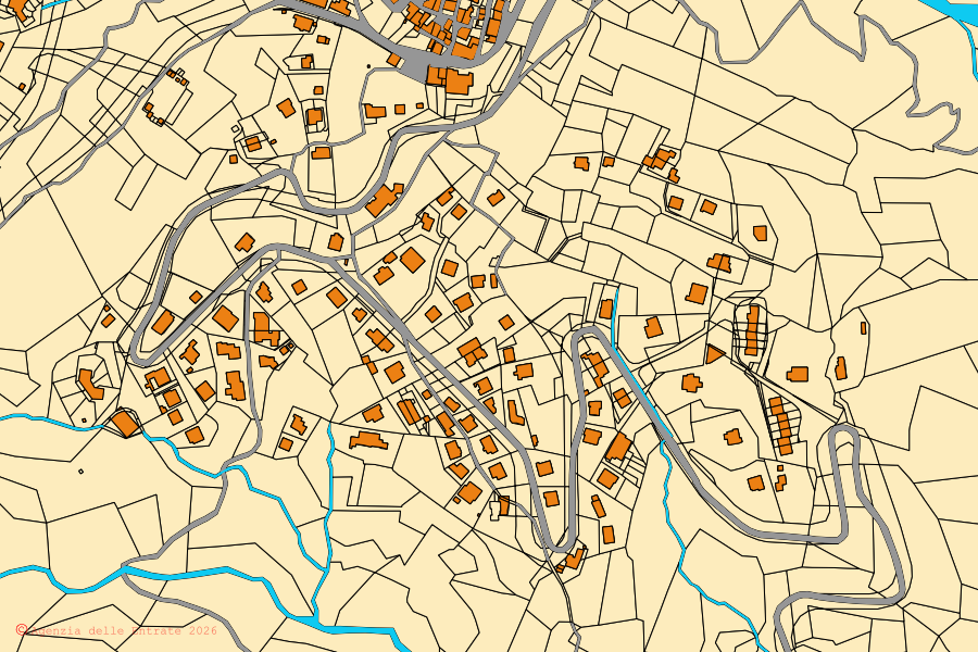 Cadastral map of the centre of Marliana: parcels and buildings, Agenzia delle Entrate cartography