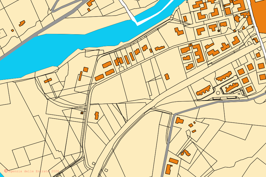Cadastral map of the centre of Marzabotto: parcels and buildings, Agenzia delle Entrate cartography