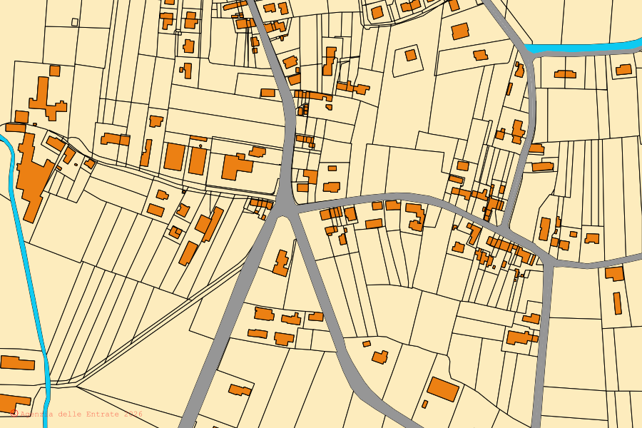 Cadastral map of the centre of Megliadino San Vitale: parcels and buildings, Agenzia delle Entrate cartography
