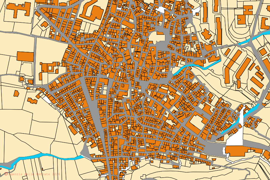Cadastral map of the centre of Melilli: parcels and buildings, Agenzia delle Entrate cartography