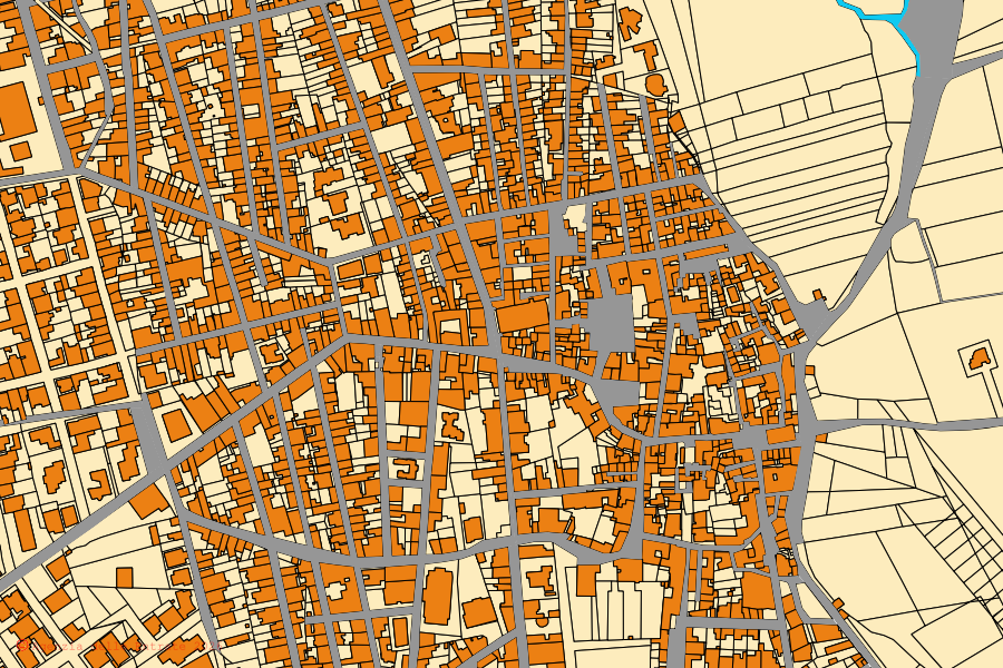 Cadastral map of the centre of Melissano: parcels and buildings, Agenzia delle Entrate cartography