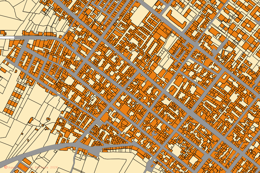 Cadastral map of the centre of Menfi: parcels and buildings, Agenzia delle Entrate cartography