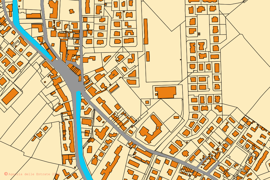 Cadastral map of the centre of Meolo: parcels and buildings, Agenzia delle Entrate cartography