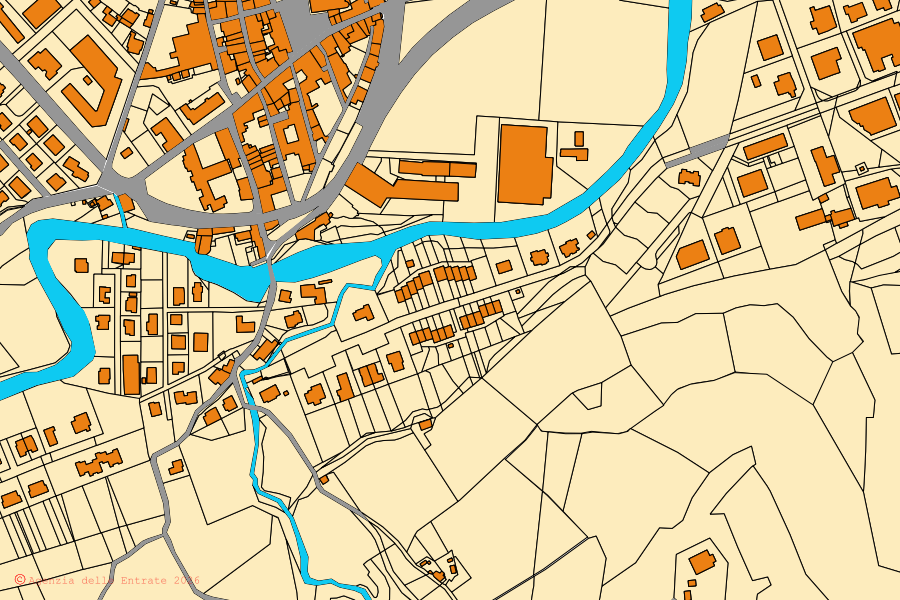 Cadastral map of the centre of Mercatello sul Metauro: parcels and buildings, Agenzia delle Entrate cartography