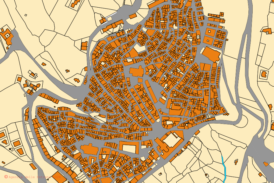 Cadastral map of the centre of Mineo: parcels and buildings, Agenzia delle Entrate cartography