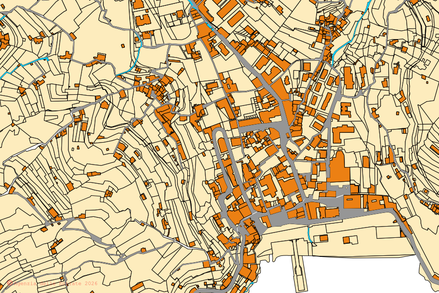 Cadastral map of the centre of Minori: parcels and buildings, Agenzia delle Entrate cartography