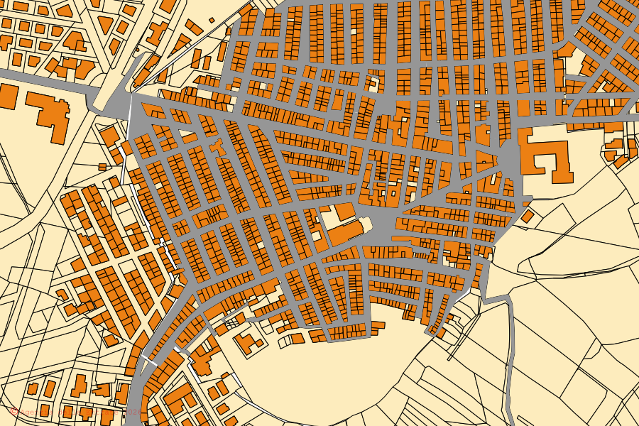 Cadastral map of the centre of Mirabella Imbaccari: parcels and buildings, Agenzia delle Entrate cartography