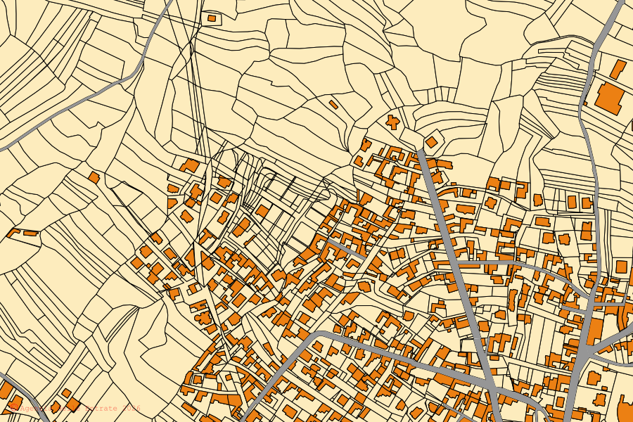 Cadastral map of the centre of Mogoro: parcels and buildings, Agenzia delle Entrate cartography