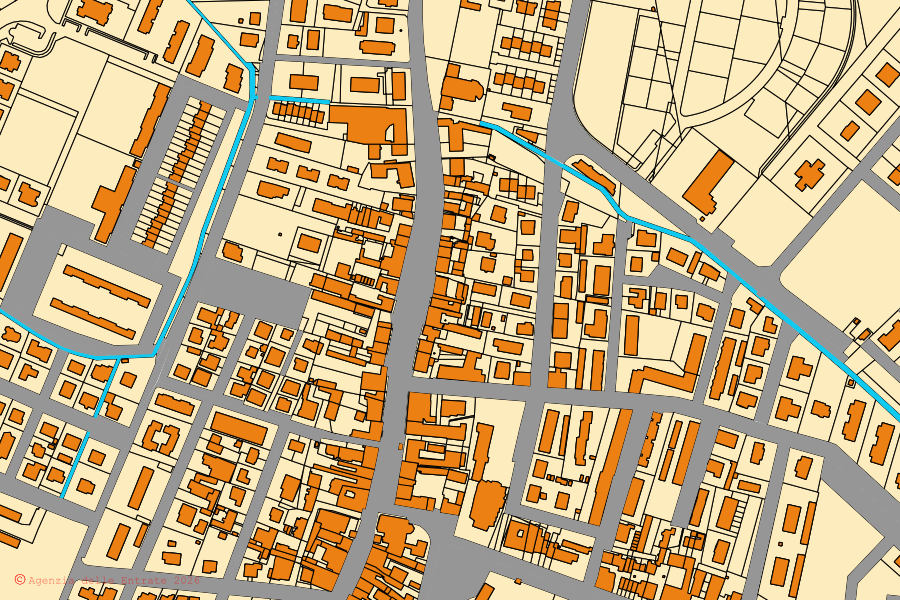 Cadastral map of the centre of Molinella: parcels and buildings, Agenzia delle Entrate cartography