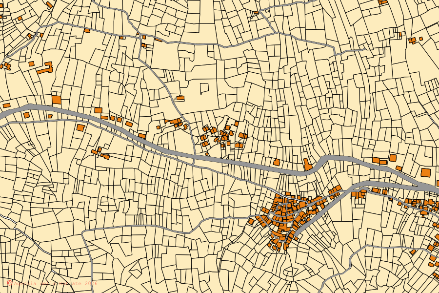 Cadastral map of the centre of Monastero di Lanzo: parcels and buildings, Agenzia delle Entrate cartography