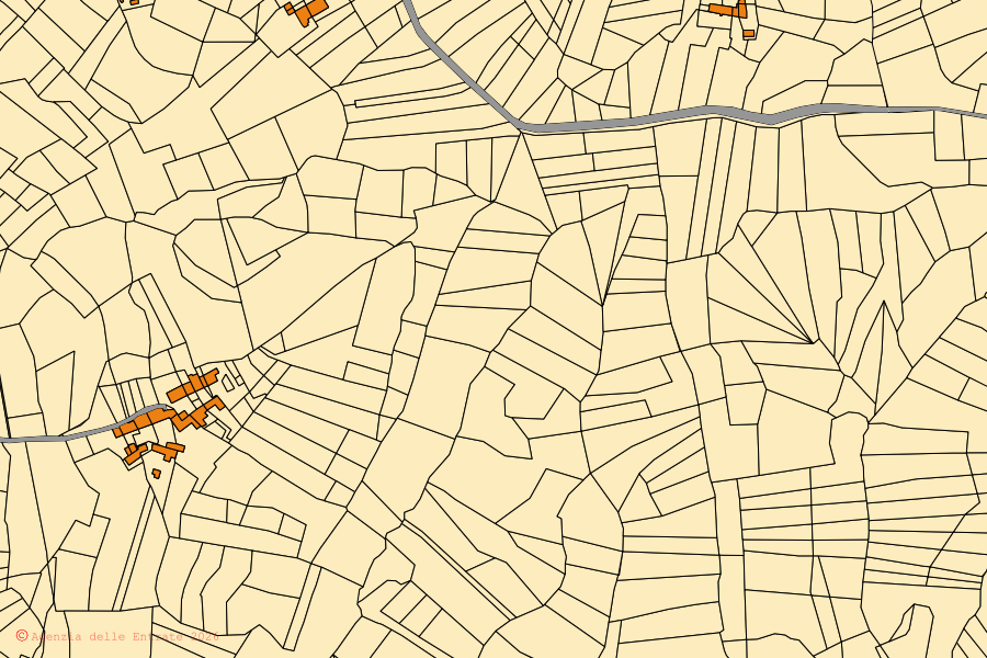 Cadastral map of the centre of Montaldo Roero: parcels and buildings, Agenzia delle Entrate cartography