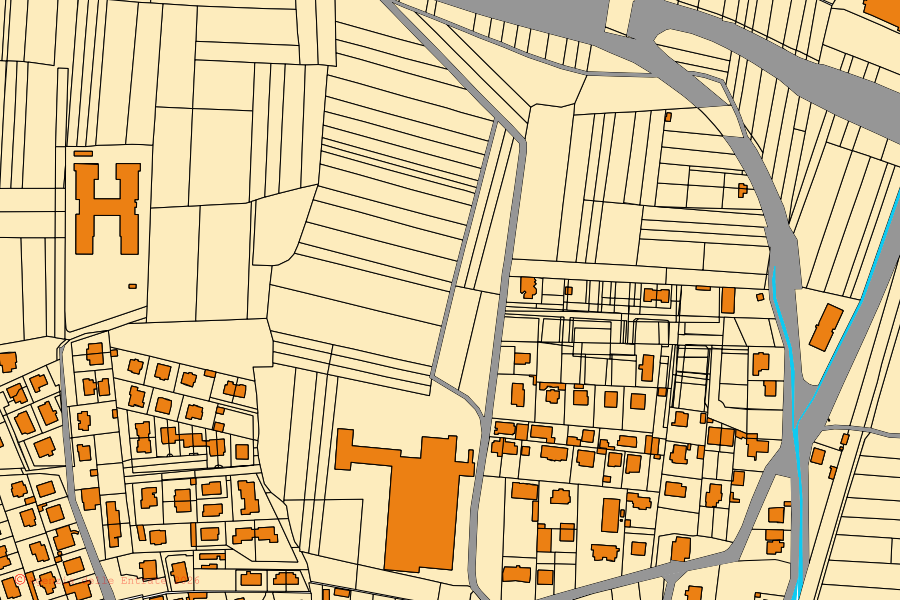 Cadastral map of the centre of Montanaro: parcels and buildings, Agenzia delle Entrate cartography