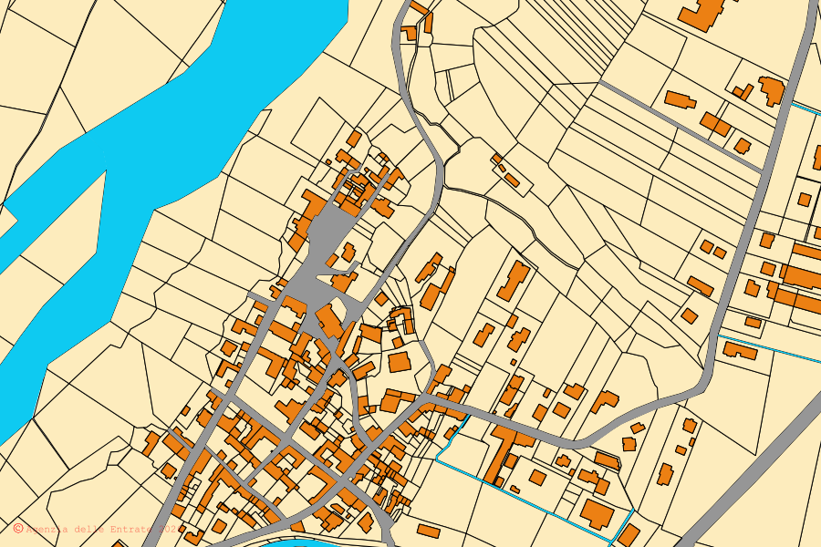 Cadastral map of the centre of Montanera: parcels and buildings, Agenzia delle Entrate cartography