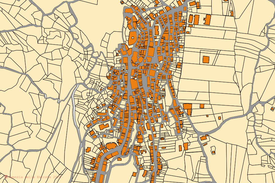 Cadastral map of the centre of Montazzoli: parcels and buildings, Agenzia delle Entrate cartography