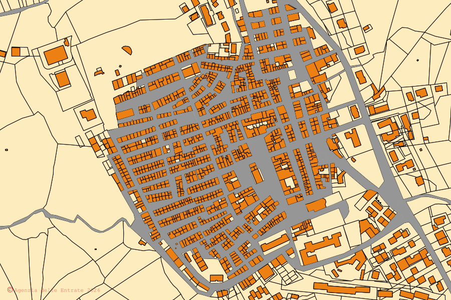 Cadastral map of the centre of Montedoro: parcels and buildings, Agenzia delle Entrate cartography
