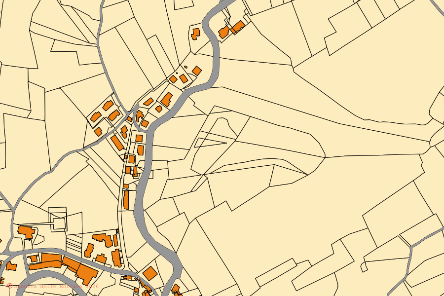 Cadastral map of the centre of Montefiore Conca: parcels and buildings, Agenzia delle Entrate cartography