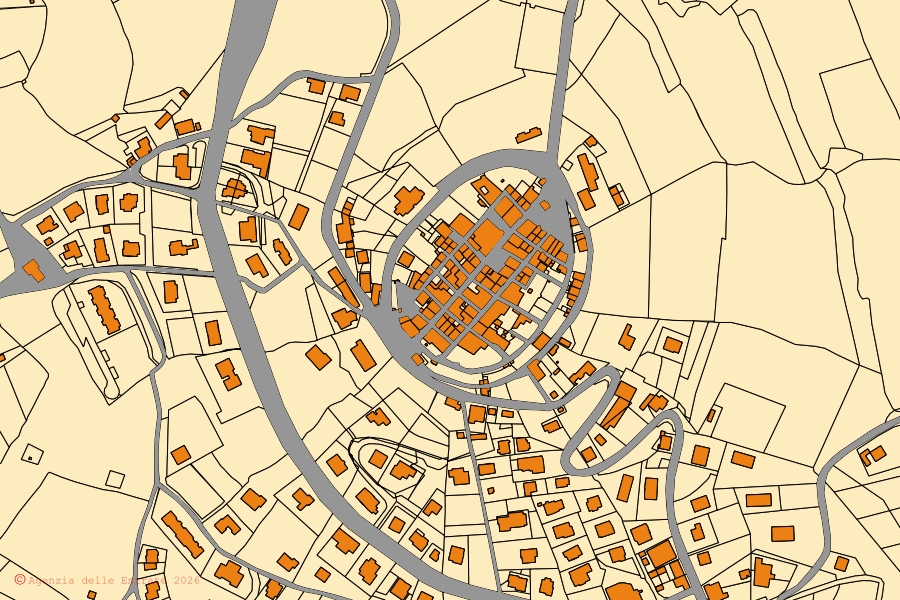 Cadastral map of the centre of Montegabbione: parcels and buildings, Agenzia delle Entrate cartography