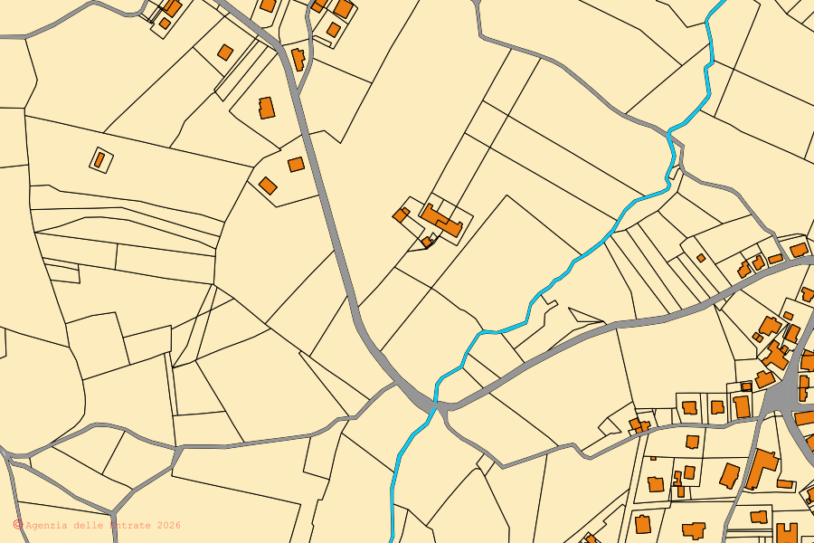 Cadastral map of the centre of Montegridolfo: parcels and buildings, Agenzia delle Entrate cartography