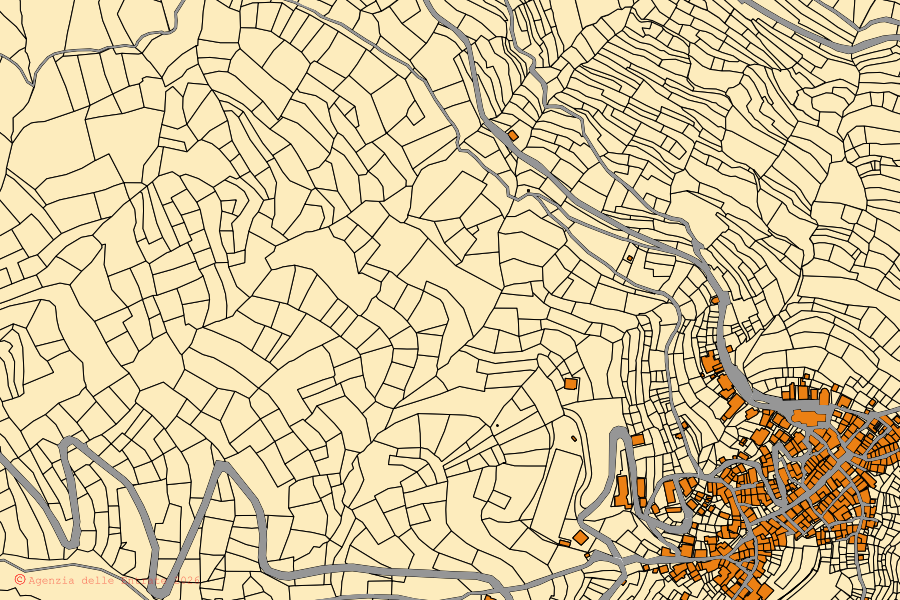 Cadastral map of the centre of Montegrosso Pian Latte: parcels and buildings, Agenzia delle Entrate cartography