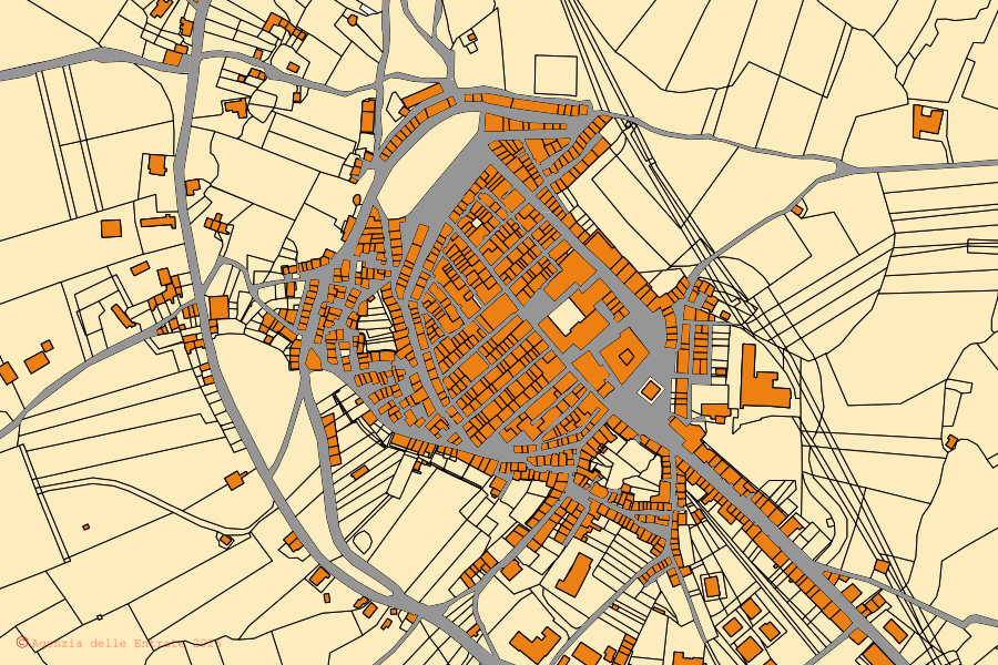 Cadastral map of the centre of Monteleone di Puglia: parcels and buildings, Agenzia delle Entrate cartography