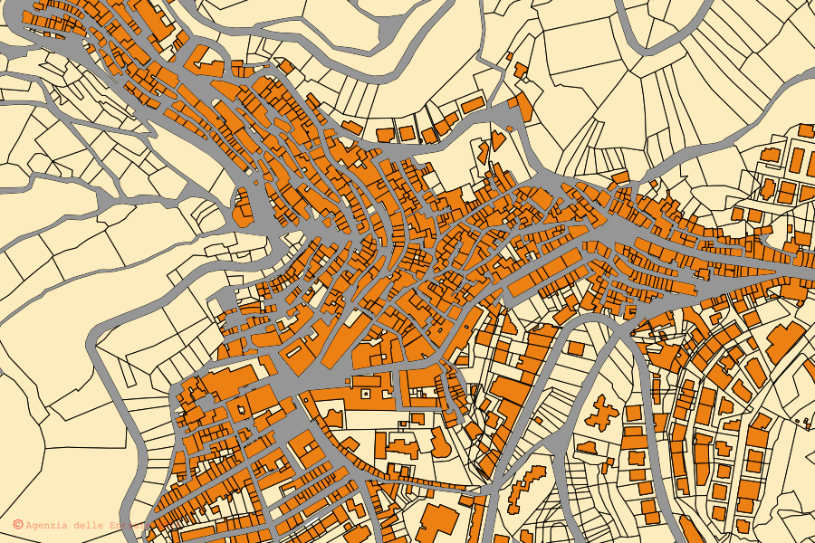 Cadastral map of the centre of Monterosso Almo: parcels and buildings, Agenzia delle Entrate cartography