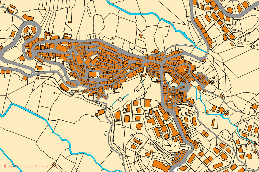Cadastral map of the centre of Monterosso Calabro: parcels and buildings, Agenzia delle Entrate cartography