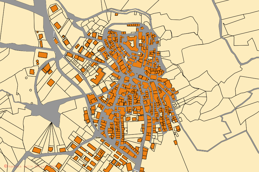 Cadastral map of the centre of Monteverde: parcels and buildings, Agenzia delle Entrate cartography