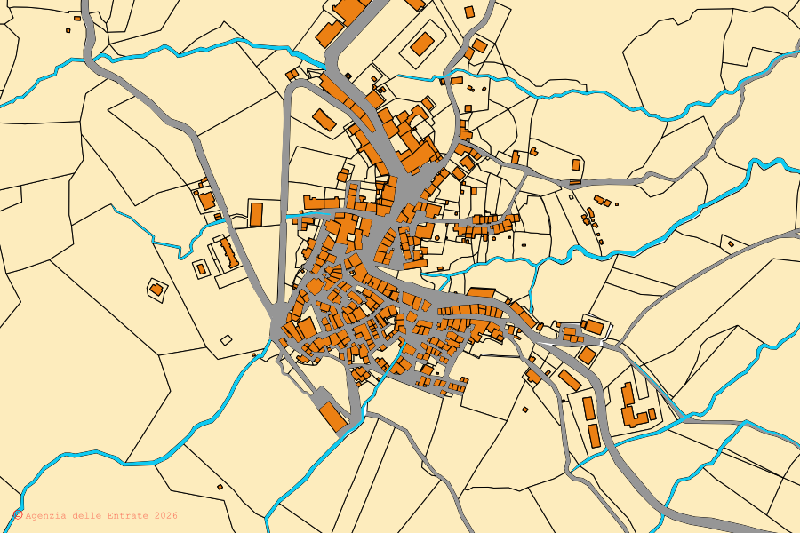 Cadastral map of the centre of Montieri: parcels and buildings, Agenzia delle Entrate cartography