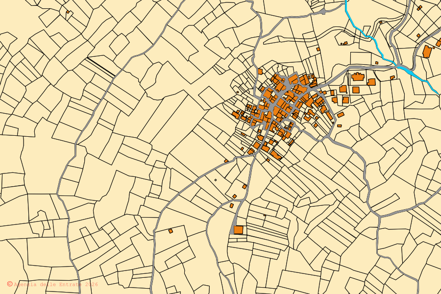 Cadastral map of the centre of Montorio al Vomano: parcels and buildings, Agenzia delle Entrate cartography