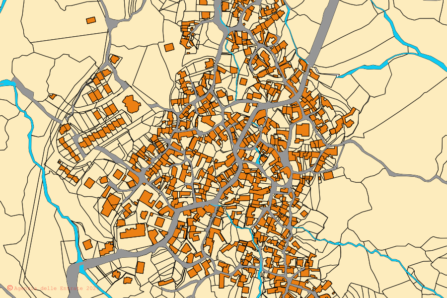 Cadastral map of the centre of Morgongiori: parcels and buildings, Agenzia delle Entrate cartography