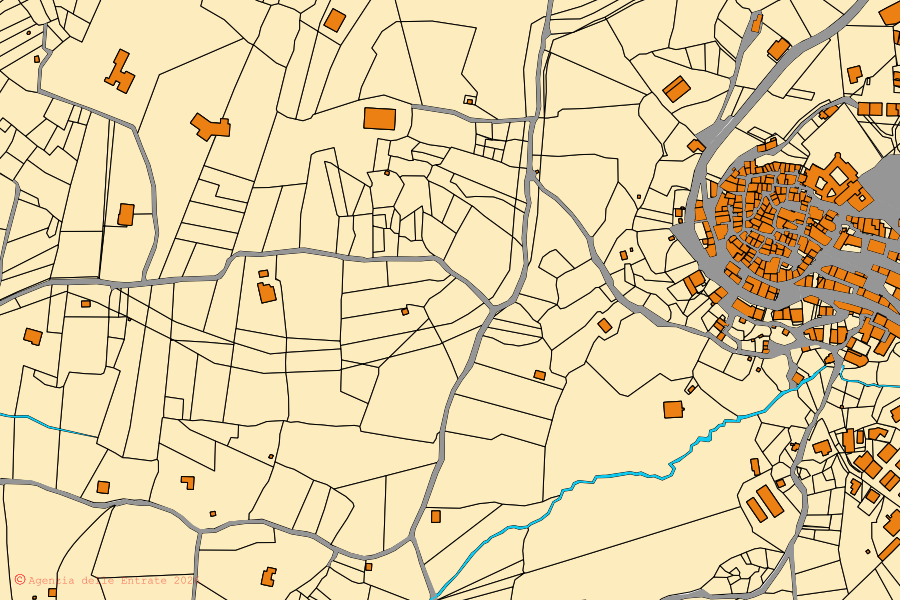 Cadastral map of the centre of Moricone: parcels and buildings, Agenzia delle Entrate cartography